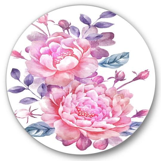 Designart - Pink Retro Flowers With Blue Leaves - Traditional Metal Circle Wall Art